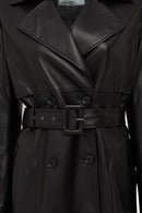 Natalia Women's Black Leather Trench Coat | Derimod Natalia Women's Black Leather Trench Coat | Derimod