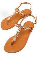 Woman Tan Ankle-Buckle Toe-Post Embellished Sandal | Derimod Woman Tan Ankle-Buckle Toe-Post Embellished Sandal | Derimod