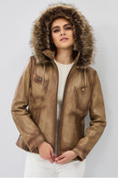 Meggy Women's Beige Hooded Furry Leather Jacket | Derimod Meggy Women's Beige Hooded Furry Leather Jacket | Derimod