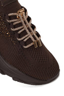 Derimod Zero Woman Brown Lace-Up Fabric Sneaker with Stone Details | Derimod Derimod Zero Woman Brown Lace-Up Fabric Sneaker with Stone Details | Derimod