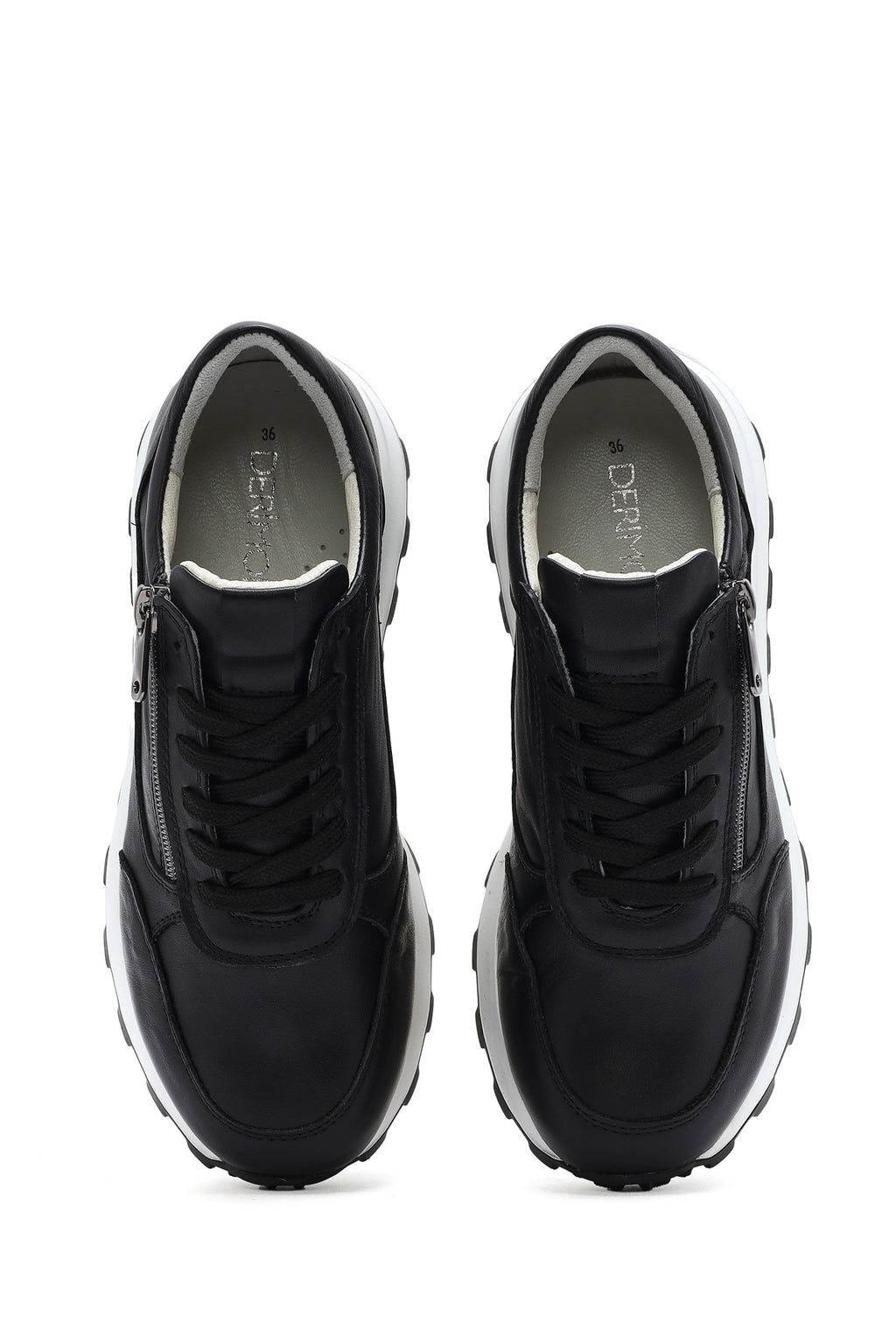 Kadın Siyah Bağcıklı Yandan Fermuarlı Deri Sneaker