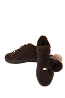 Kadın Kahverengi Bağcıklı Charmlı Süet Deri Teddy Sneaker | Derimod Kadın Kahverengi Bağcıklı Charmlı Süet Deri Teddy Sneaker | Derimod