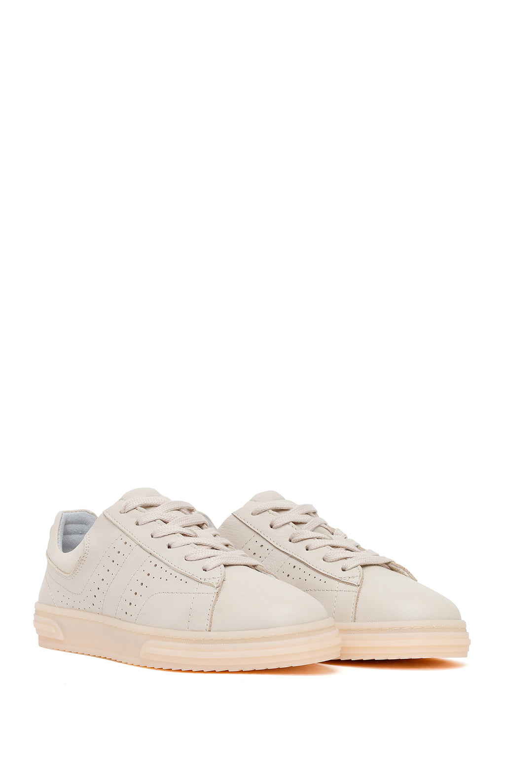 Kadın Krem Bağcıklı Deri Sneaker