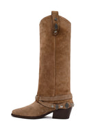 Woman Beige Thick-Heeled Suede Cowboy Boots | Derimod Woman Beige Thick-Heeled Suede Cowboy Boots | Derimod