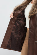Rhoda Women's Brown Fur Leather Trench Coat | Derimod Rhoda Women's Brown Fur Leather Trench Coat | Derimod