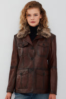 Anais Women's Brown Fur Collar Blazer Leather Jacket | Derimod Anais Women's Brown Fur Collar Blazer Leather Jacket | Derimod