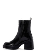 Women's Black Patent Leather Zippered Casual Heeled Boots | Derimod Women's Black Patent Leather Zippered Casual Heeled Boots | Derimod