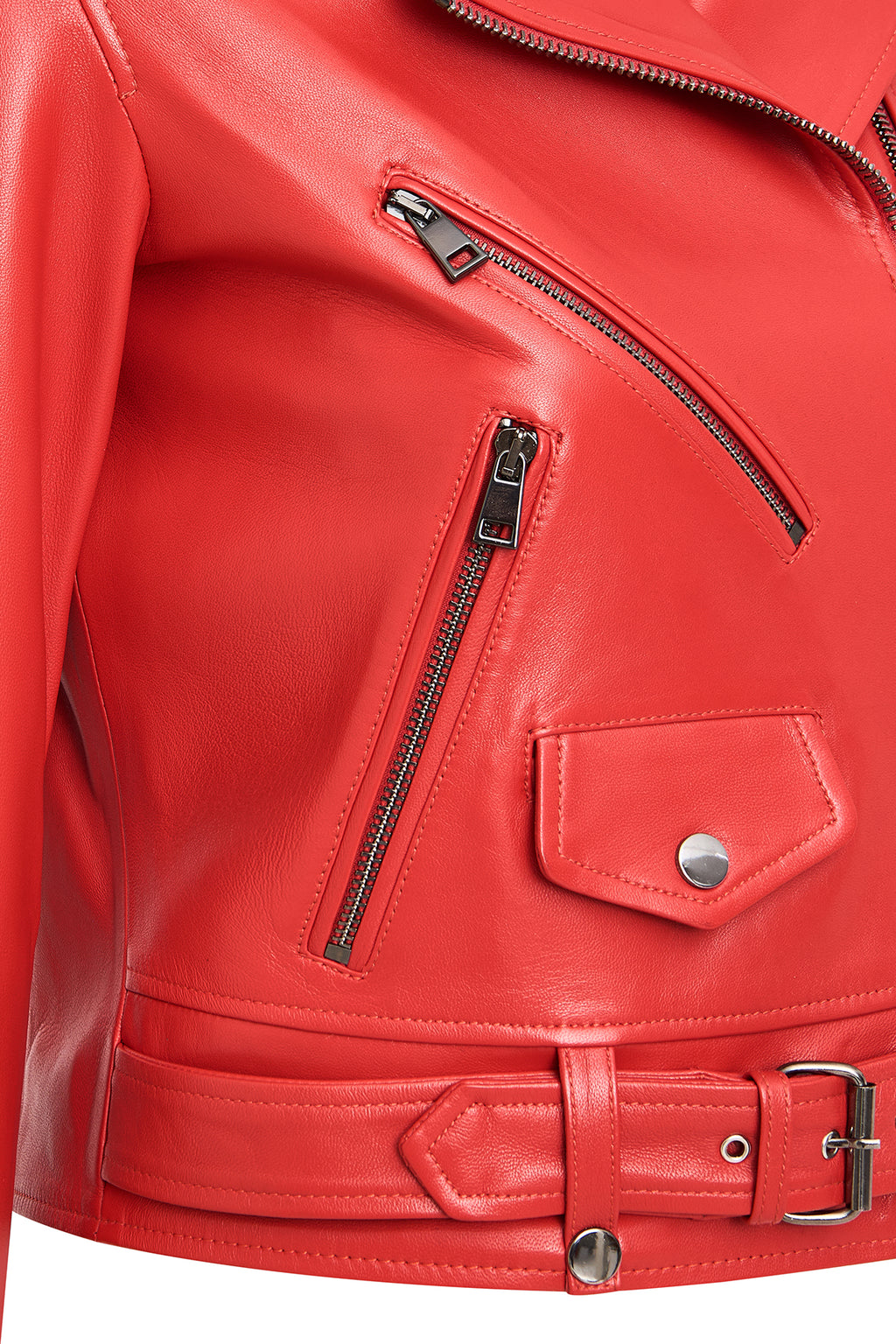 Newage Kadın Kırmızı Slim-Fit Biker Deri Ceket