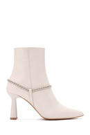 Women's Beige Leather Zippered Chain Heeled Classic Boots | Derimod Women's Beige Leather Zippered Chain Heeled Classic Boots | Derimod