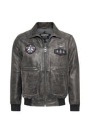 Hurricane Men's Grey Fur Collar Pilot Leather Jacket with Emblem | Derimod Hurricane Men's Grey Fur Collar Pilot Leather Jacket with Emblem | Derimod
