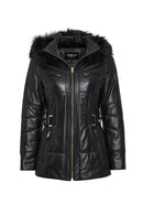 Alexandra Women's Black Hooded Furry Leather Coat | Derimod Alexandra Women's Black Hooded Furry Leather Coat | Derimod