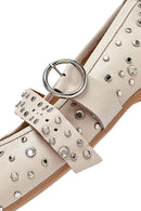 Women's Beige Buckled Stoned Leather Ballerinas | Derimod Women's Beige Buckled Stoned Leather Ballerinas | Derimod