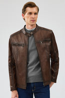 Gabriel Men's Brown Regular Leather Sport Jacket | Derimod Gabriel Men's Brown Regular Leather Sport Jacket | Derimod