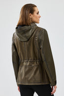 Jessica Women's Khaki Hooded Leather Jacket | Derimod Jessica Women's Khaki Hooded Leather Jacket | Derimod