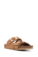 Women's Brown Buckle Suede Leather Slippers | Derimod Women's Brown Buckle Suede Leather Slippers | Derimod