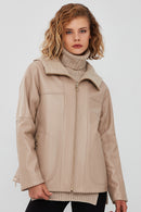 Roma Women's Beige Hooded Double-Sided Oversize Leather Jacket | Derimod Roma Women's Beige Hooded Double-Sided Oversize Leather Jacket | Derimod