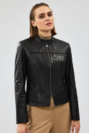 Tania Women's Black Short Leather Jacket | Derimod Tania Women's Black Short Leather Jacket | Derimod