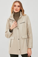 Agatha Women's Beige Hooded Long Leather Coat | Derimod Agatha Women's Beige Hooded Long Leather Coat | Derimod