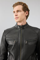 Jefferson Men's Black Stand Collar Slim-Fit Leather Jacket | Derimod Jefferson Men's Black Stand Collar Slim-Fit Leather Jacket | Derimod