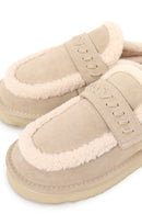 Woman Beige Thick-Soled Fur-Lined Suede Teddy Slipper | Derimod Woman Beige Thick-Soled Fur-Lined Suede Teddy Slipper | Derimod