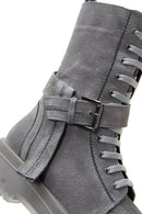 Women's Gray Suede Leather Buckle Flat Boots | Derimod Women's Gray Suede Leather Buckle Flat Boots | Derimod
