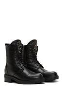 Women's Black Leather Zippered Stone Flat Boots | Derimod Women's Black Leather Zippered Stone Flat Boots | Derimod