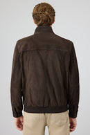 Marcelo Men's Brown Mandarin Collar Suede Leather Jacket | Derimod Marcelo Men's Brown Mandarin Collar Suede Leather Jacket | Derimod