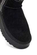 Women's Black Thick-Soled Patterned Suede Leather Teddy Boot | Derimod Women's Black Thick-Soled Patterned Suede Leather Teddy Boot | Derimod