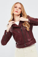 London Women's Burgundy Biker Leather Jacket | Derimod London Women's Burgundy Biker Leather Jacket | Derimod