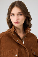Anita Women's Brown Oversize Short Suede Leather Jacket | Derimod Anita Women's Brown Oversize Short Suede Leather Jacket | Derimod
