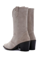 Women's Beige Thick Heeled Suede Leather Cowboy Boots | Derimod Women's Beige Thick Heeled Suede Leather Cowboy Boots | Derimod