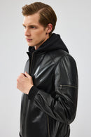 Niko Men's Black Hooded Leather Jacket | Derimod Niko Men's Black Hooded Leather Jacket | Derimod