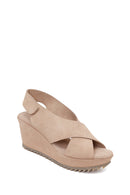 Woman Beige Strappy Wedge Suede Sandal | Derimod Woman Beige Strappy Wedge Suede Sandal | Derimod