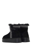 Women's Black Thick-Soled Patterned Suede Leather Teddy Boot | Derimod Women's Black Thick-Soled Patterned Suede Leather Teddy Boot | Derimod