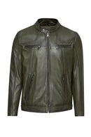 Lucas Men's Khaki Mandarin Collar Leather Jacket | Derimod Lucas Men's Khaki Mandarin Collar Leather Jacket | Derimod