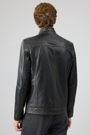Felibe Men Black Stand Collar Vintage Leather Jacket | Derimod Felibe Men Black Stand Collar Vintage Leather Jacket | Derimod