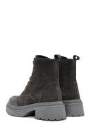 Women's Grey Zippered Suede Leather Combat Boots | Derimod Women's Grey Zippered Suede Leather Combat Boots | Derimod