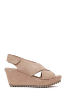 Woman Beige Strappy Wedge Suede Sandal | Derimod Woman Beige Strappy Wedge Suede Sandal | Derimod