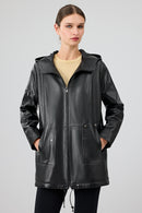 Cindy Women's Black Hooded Leather Coat | Derimod Cindy Women's Black Hooded Leather Coat | Derimod