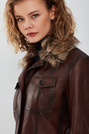 Anais Women's Brown Fur Collar Blazer Leather Jacket | Derimod Anais Women's Brown Fur Collar Blazer Leather Jacket | Derimod