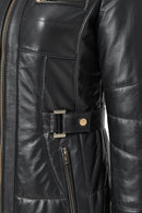 Alexandra Women's Black Hooded Furry Leather Coat | Derimod Alexandra Women's Black Hooded Furry Leather Coat | Derimod
