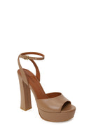 Woman Beige Ankle-Buckle High Thick-Heeled Platform Leather Sandal | Derimod Woman Beige Ankle-Buckle High Thick-Heeled Platform Leather Sandal | Derimod