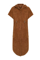 Miranda Women's Brown Hooded Suede Leather Long Vest | Derimod Miranda Women's Brown Hooded Suede Leather Long Vest | Derimod