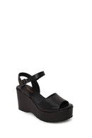 Woman Black Ankle-Buckle Wedge-Heel Leather Sandal | Derimod Woman Black Ankle-Buckle Wedge-Heel Leather Sandal | Derimod