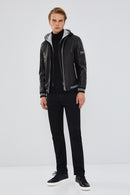 Tatum Men's Black Hooded Sports Leather Coat | Derimod Tatum Men's Black Hooded Sports Leather Coat | Derimod