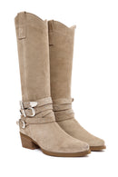 Women's Beige Thick Heel Buckle Detailed Suede Leather Cowboy Boots | Derimod Women's Beige Thick Heel Buckle Detailed Suede Leather Cowboy Boots | Derimod