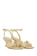 Woman Gold Ankle-Buckle Metallic Chunky-Heel Sandal | Derimod Woman Gold Ankle-Buckle Metallic Chunky-Heel Sandal | Derimod