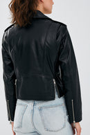 Newage Women's Black Slim-Fit Biker Leather Jacket | Derimod Newage Women's Black Slim-Fit Biker Leather Jacket | Derimod