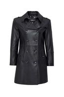 Matilda Women's Black Double Breasted Leather Coat | Derimod Matilda Women's Black Double Breasted Leather Coat | Derimod