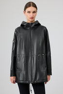 Cindy Women's Black Hooded Leather Coat | Derimod Cindy Women's Black Hooded Leather Coat | Derimod